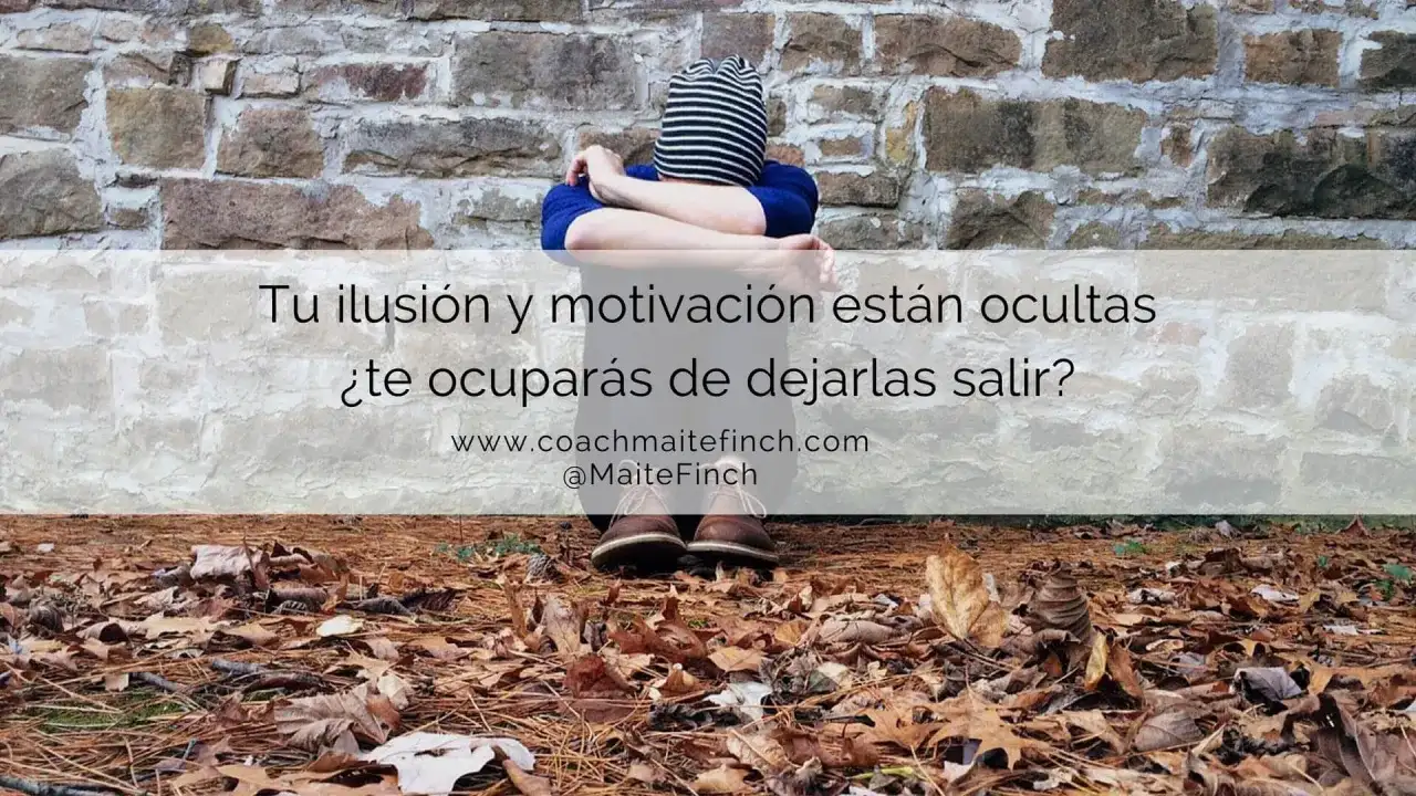 Persona sentada contra pared de piedra, con hojas secas en el suelo. El texto pregunta: "¿Qué es la motivación? Tu ilusión y motivación están ocultas. ¿Te ocuparás de dejarlas salir?".